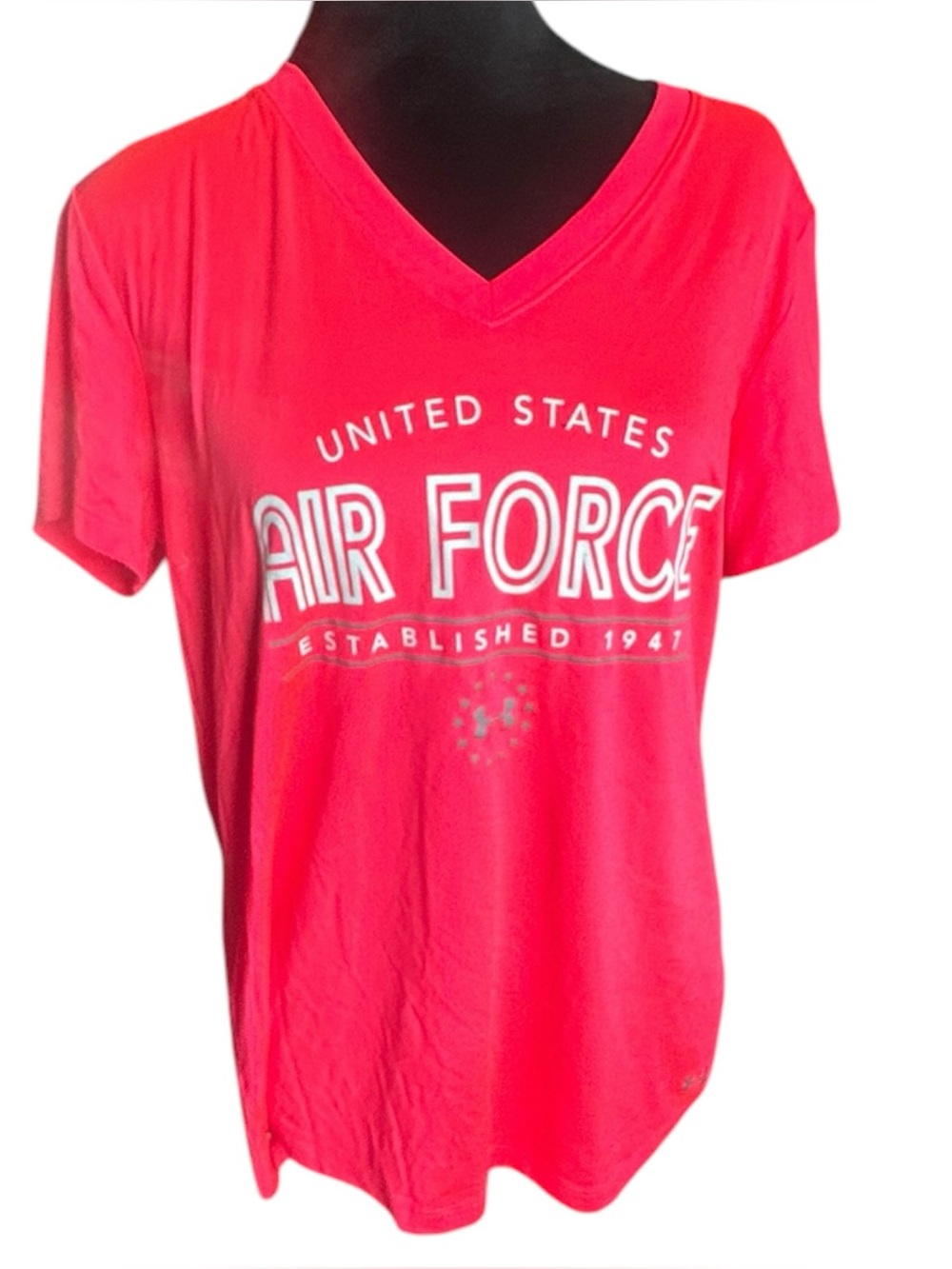 Under Armour Women’s Air Force V-Neck T-Shirt Size Large Coral Pink USAF Logo